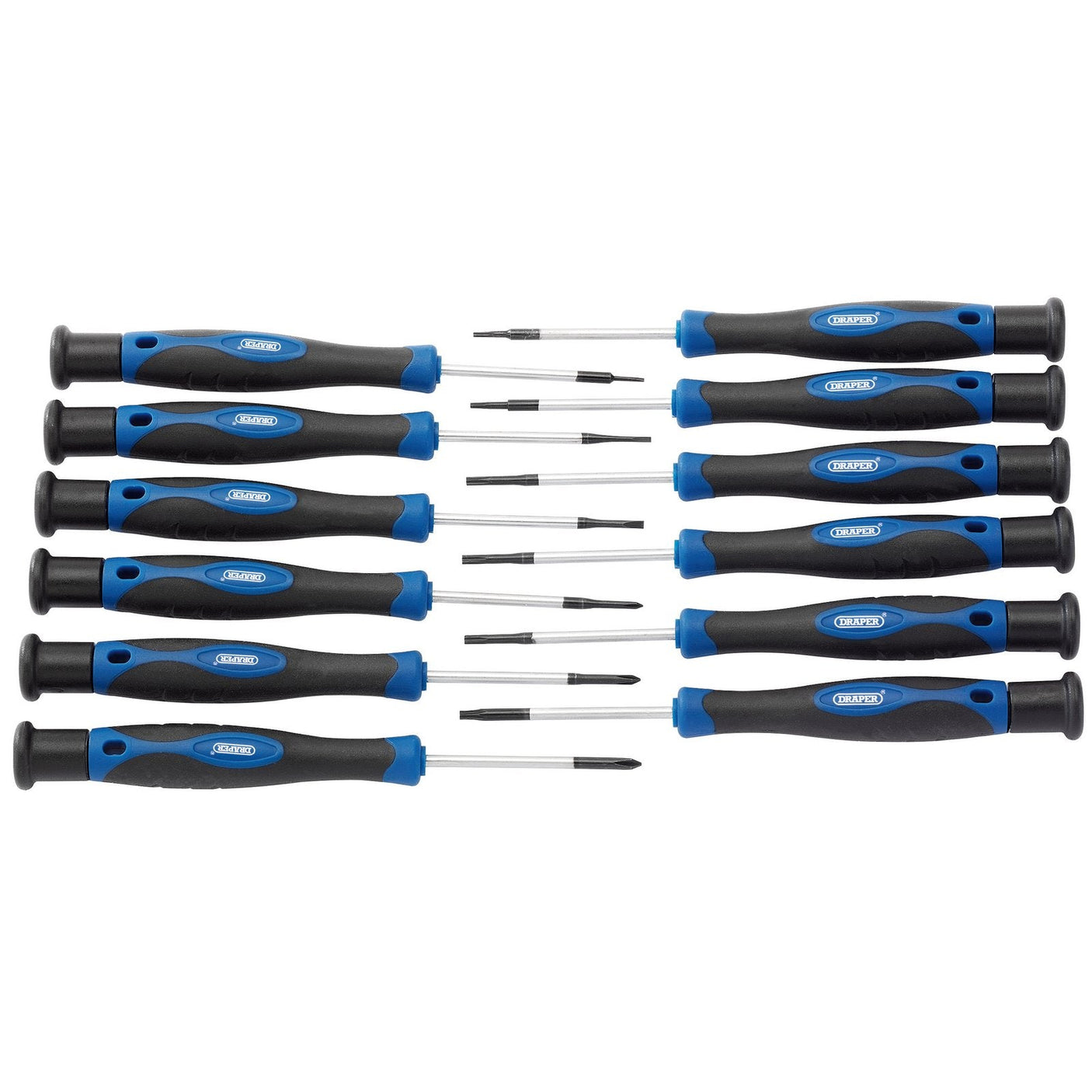 The Draper Precision Screwdriver Set (12 Piece) - PSS12 by Draper features black and blue soft grip handles, arranged in two rows, and includes a variety of sizes and types with chrome vanadium tips.