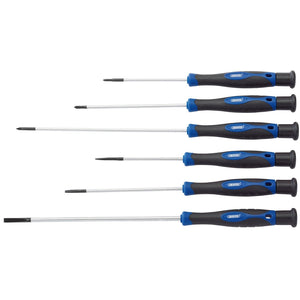 The Draper Extra Long Precision Screwdriver Set (6 Piece) - PSS6XL includes six precision screwdrivers with black handles and blue accents, featuring chrome vanadium tips and extra-long blades. Arranged in a row, they encompass both flathead and Phillips head types for versatile use.