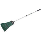 The Draper Telescopic Aluminium Broom - TGB is a green synthetic bristle broom with a silver handle and black grip, featuring a hole at the end for hanging, making it ideal for sweeping leaves and garden debris.