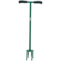 The Draper Soft Grip Handle Garden Tiller - GT/SG, a green T-shaped hand tiller from Draper, features a steel handle and soft grip handles on both ends. The bottom end is equipped with four metal tines for effective soil aeration, ensuring your topsoil is well-prepared for planting.