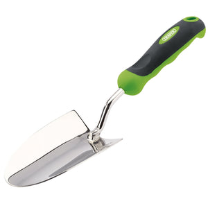 The Draper Trowel With Stainless Steel Scoop And Soft Grip Handle (GSSTSGD12DD) by Draper features a hardened stainless steel blade and a black and green ergonomic soft grip handle, making it ideal for digging and planting tasks.