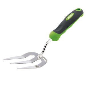 The Draper Hand Fork With Stainless Steel Prongs And Soft Grip Handle - GSSFSGD12DD is a garden tool featuring durable, two-pronged hardened stainless steel head and an ergonomic green and black soft grip handle designed for gardening tasks.