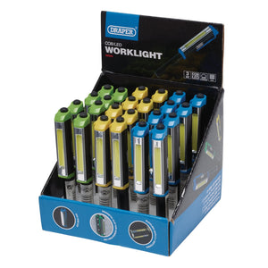 Display of Draper Cob Led Aluminium Pocket Torches in a blue and black box. The 3W pocket torches, powered by 3 x AAA batteries, come in various colors, including green, yellow, and blue. Some models even offer hands-free use for added convenience.