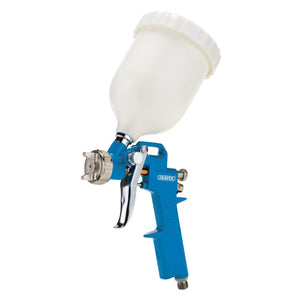 The Draper Gravity Air Paint Spray Gun, model DAT-GASG500, features a blue design with a white plastic 500ml container on top. This lightweight aluminium tool is perfect for painting tasks, offering an adjustable spray pattern for precision and ease of use.