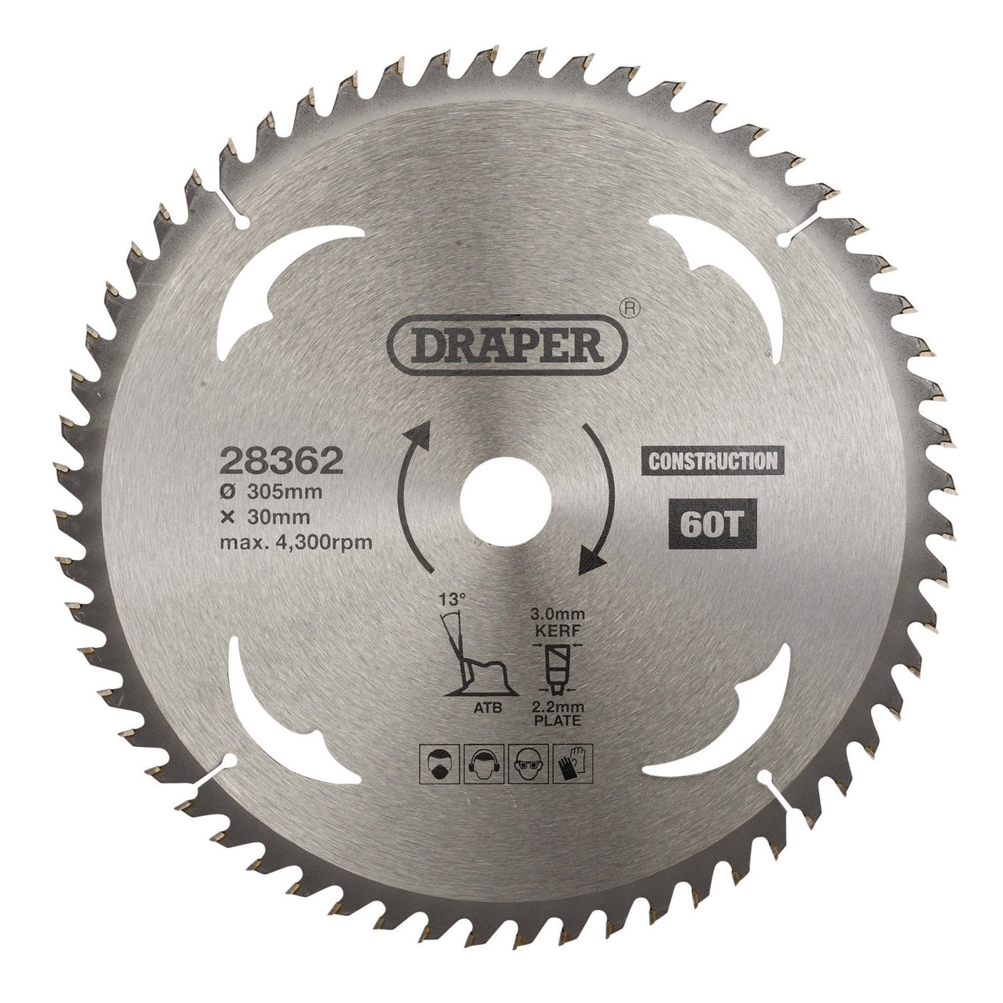 A Draper Tct Construction Circular Saw Blade, 305 X 30mm, featuring 60 teeth and labeled SBC10, detailing specifications including diameter (305mm), arbor size (30mm), kerf width (3.0mm), thickness (2.2mm), and maximum speed of 4,300rpm.