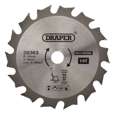 Draper Tct Multi-Purpose Circular Saw Blade, 165 X 20mm, 14T - SBM1 - Farming Parts