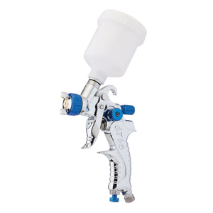 The Draper HVLP Air Paint Spray Gun, 100ml - DAT-HASG100, features a chrome finish with a white paint container attached to the top. It includes blue adjustment knobs and a trigger handle, ensuring excellent paint transfer efficiency.