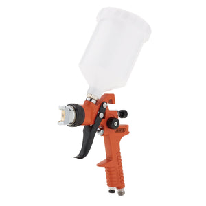 A Draper HVLP air paint spray gun with an orange handle and a 600ml capacity paint pot attached at the top, model number DAT-HASG600.