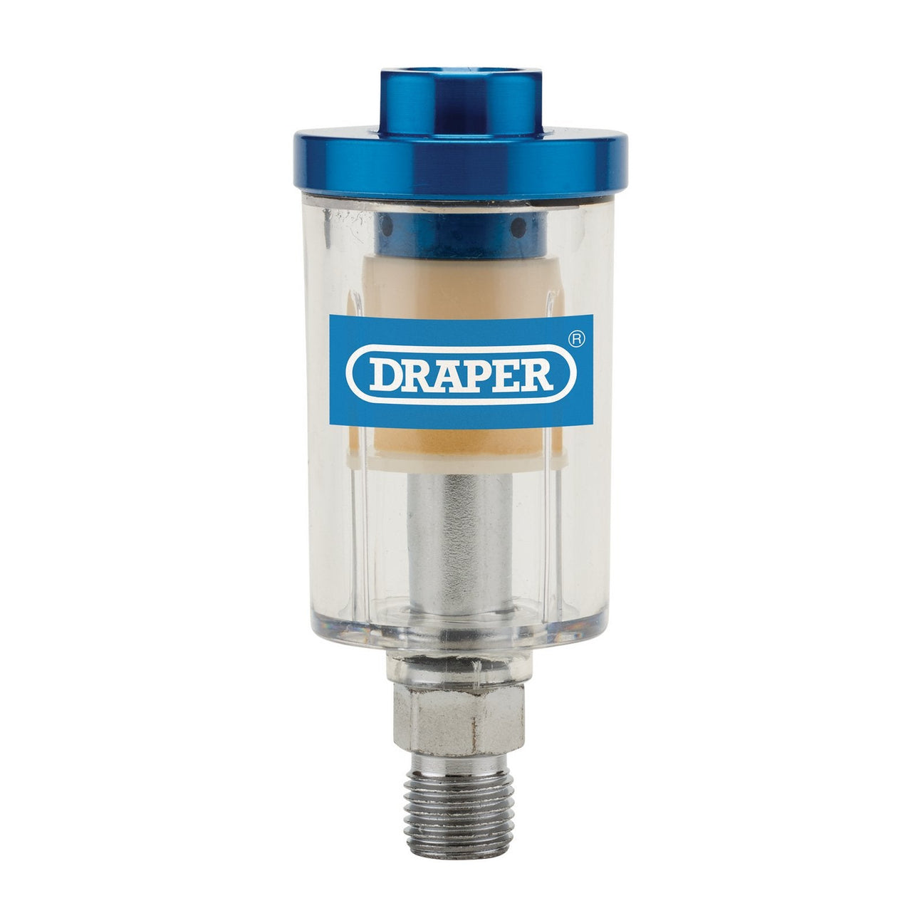 The Draper Inline Water Trap And Filter - DAT-IWTF, prominently branded "Draper," features a transparent body with a blue cap and base. This spray gun filter showcases a visible internal element and includes a threaded metal connector at the bottom, making it ideal for preventing contamination during paintwork.