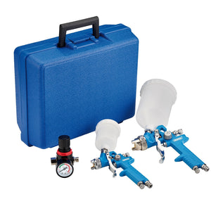 The Draper HVLP Air Paint Spray Gun Kit (7 Piece) - DAT-HASGK7, which includes a blue carrying case, two blue HVLP air spray guns with white paint cups, and a black and red air pressure regulator, is arranged on a white background.