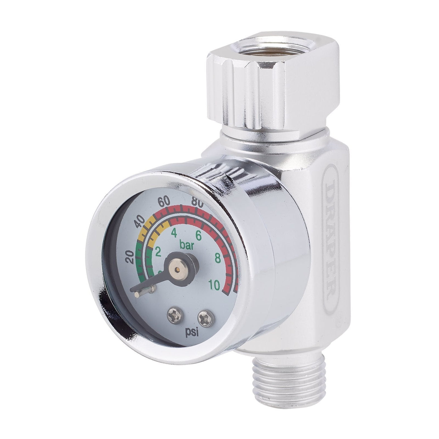 The Draper 1/4" BSP On-Gun Air Regulator and Gauge, 140 PSI - DAT-OARG is a silver pressure gauge featuring a red, yellow, and green scale that displays measurements in both bar and psi. Ideal for pneumatic tools, it includes an inlet at the top and an outlet at the bottom.