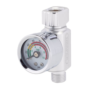 The Draper 1/4" BSP On-Gun Air Regulator and Gauge, 140 PSI - DAT-OARG is a silver pressure gauge featuring a red, yellow, and green scale that displays measurements in both bar and psi. Ideal for pneumatic tools, it includes an inlet at the top and an outlet at the bottom.