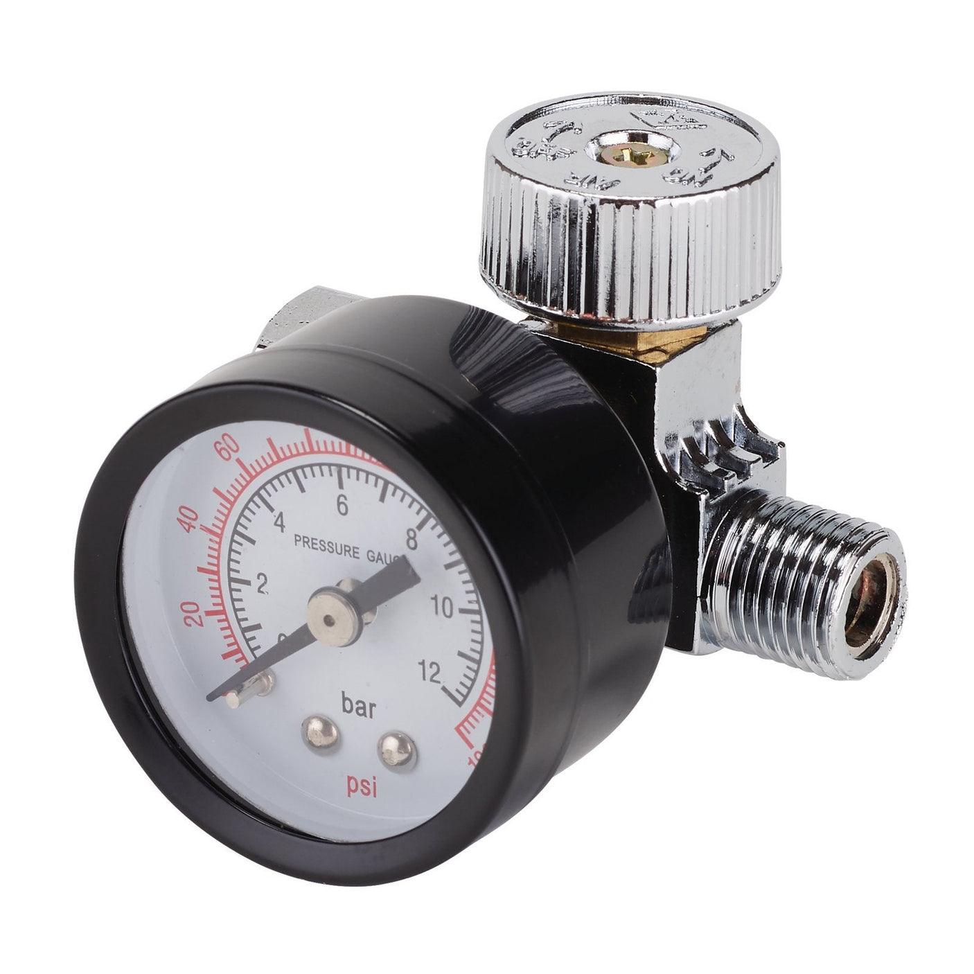 A close-up of the Draper 1/4" BSP On-Gun Air Regulator and Gauge, DAT-OARG, showcasing its dual readings in bar and psi, attached to a metal fitting with a 1/4" BSP threaded connector, ideal for use with compact air regulators.