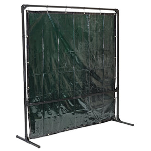 The Draper Welding Curtain With Metal Frame, 6' X 6' - WCF6X6, featuring a black metal frame and a green translucent PVC welding curtain, offers UV and IR radiation protection when set up in an indoor space.