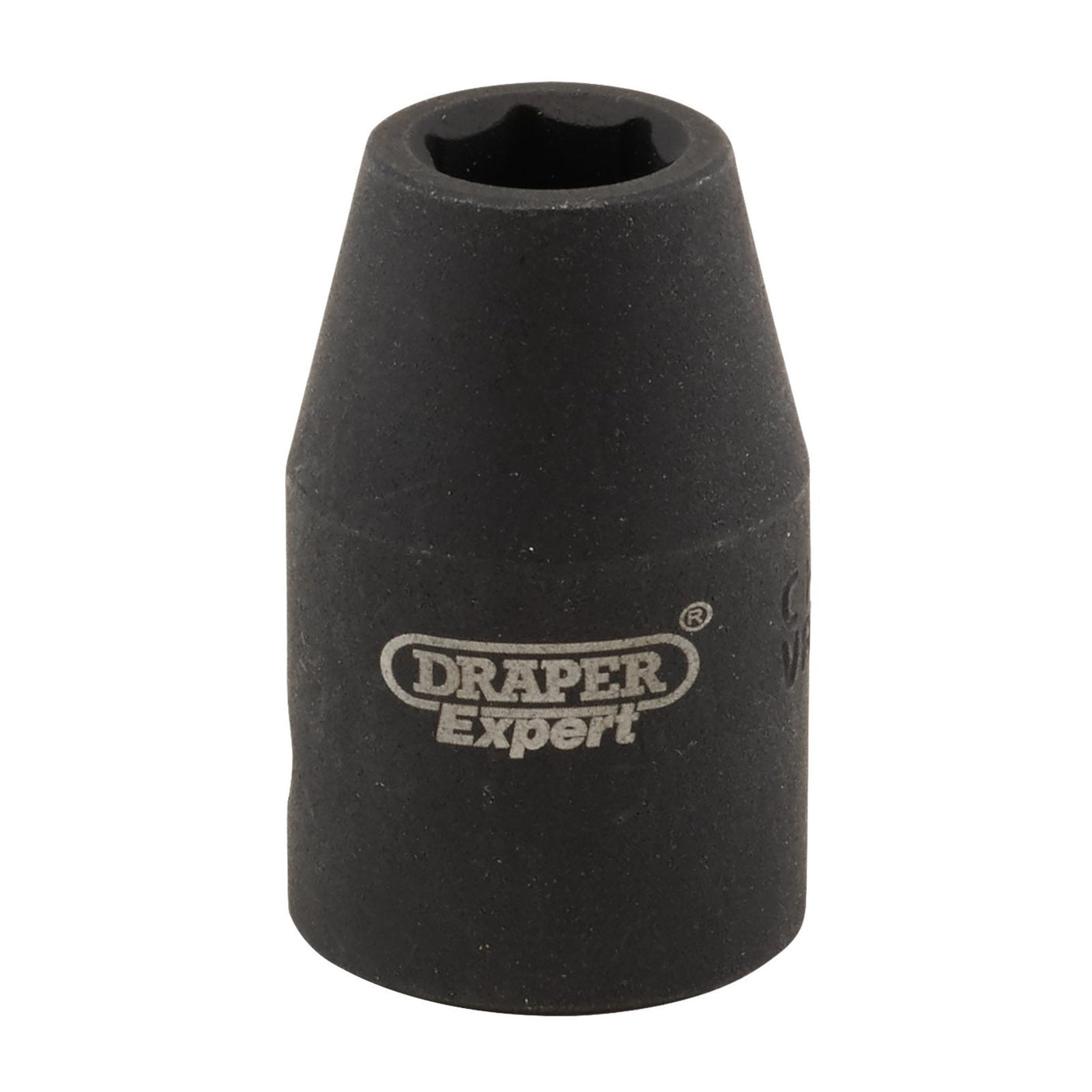 A Draper Expert Hi-Torq® Impact Socket, 1/2" Sq. Dr., 10mm - 410MM with a hexagonal opening, crafted from durable chrome vanadium steel, featuring the Draper logo printed on the side.