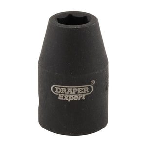 A Draper Expert Hi-Torq® Impact Socket, 1/2" Sq. Dr., 10mm - 410MM with a hexagonal opening, crafted from durable chrome vanadium steel, featuring the Draper logo printed on the side.