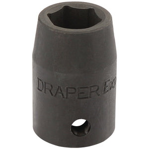 The Draper Expert Hi-Torq® Impact Socket, 1/2" Sq. Dr., 14mm - 410MM is inscribed with the brand name "Draper." Made from durable chrome vanadium steel, it features a small hole near the base and offers excellent corrosion protection.