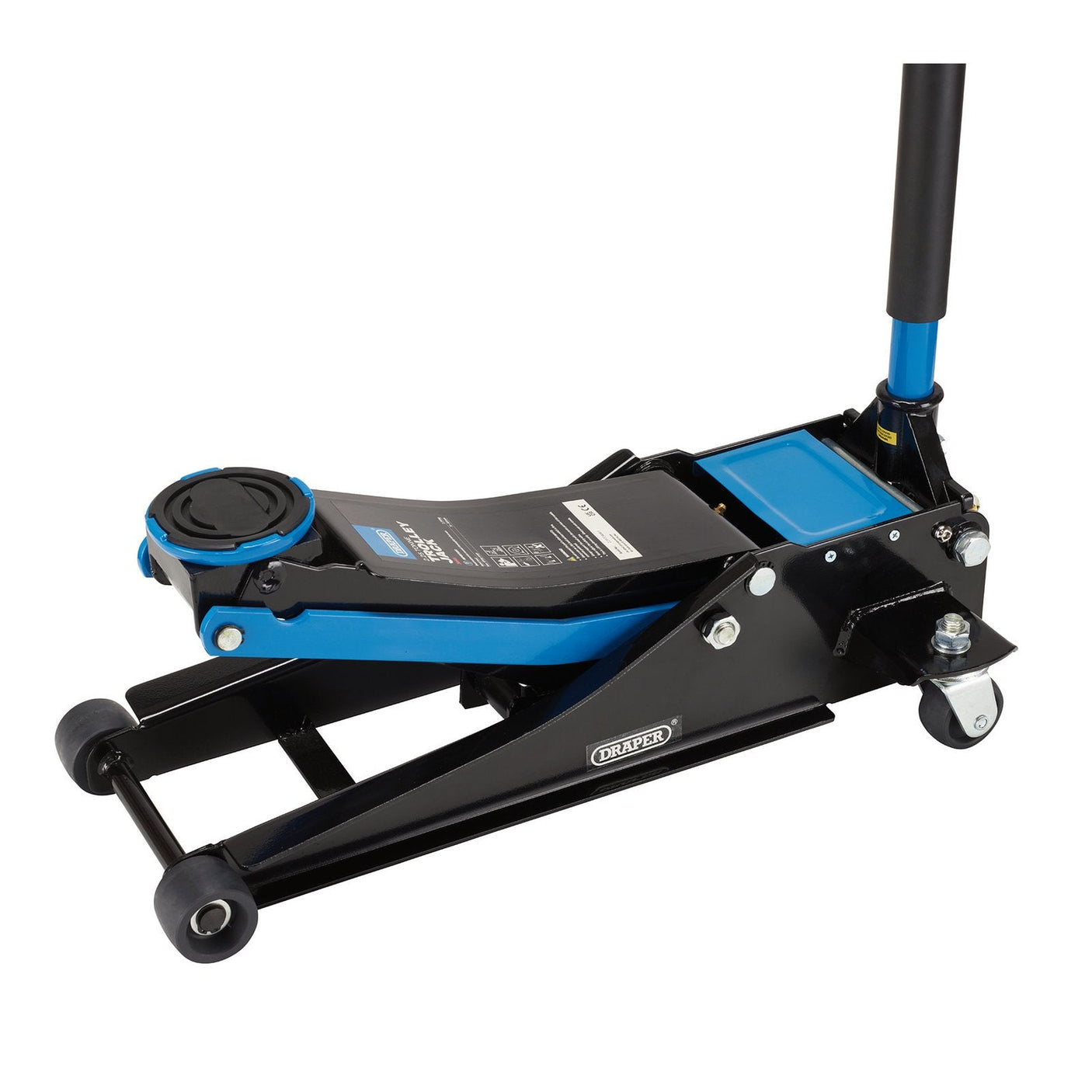 The Draper Trolley Jack, TJ2250B, is a hydraulic floor jack in a sleek black and blue design. It features a long handle and four wheels for easy maneuverability, proudly displaying the Draper brand name on its side. This durable trolley jack offers a robust 2.25 tonne lifting capacity along with a quick lift facility for effortless operation.