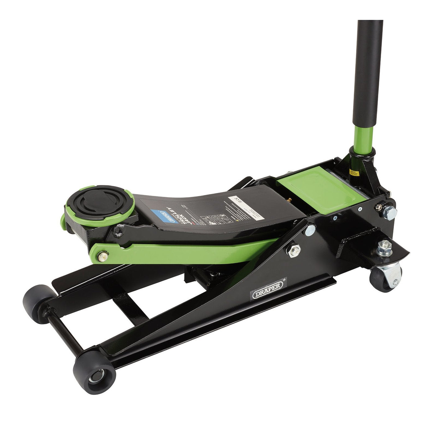 The Draper Trolley Jack, 2.25 Tonne, Green - TJ2250G from Draper is a green and black hydraulic floor jack with wheels that features a twin-piston quick lift for efficient vehicle lifting.