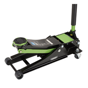 The Draper Trolley Jack, 2.25 Tonne, Green - TJ2250G from Draper is a green and black hydraulic floor jack with wheels that features a twin-piston quick lift for efficient vehicle lifting.