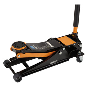 The Draper Trolley Jack, model TJ2250O, is a black and orange hydraulic floor jack with a 2.25 Tonne capacity. It features four wheels, a long handle for lifting vehicles, and a low-profile design with a twin-piston quick lift for efficient operation.