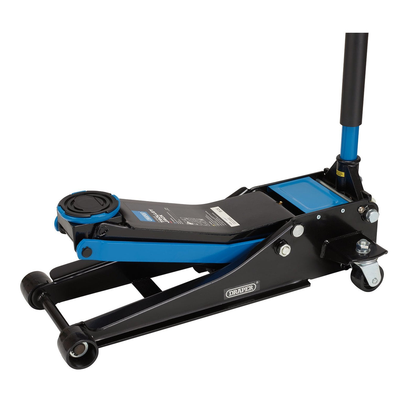 The Draper Trolley Jack, TJ3000B, is a blue and black hydraulic floor jack with a handle, designed for lifting vehicles. This 3 Tonne capacity trolley jack from Draper provides reliable performance for heavy lifting tasks.