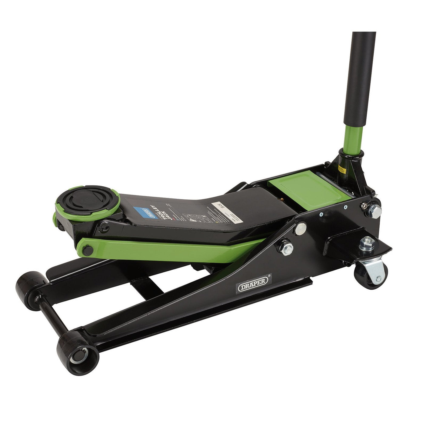 Introducing the Draper Trolley Jack, 3 Tonne, Green - TJ3000G: a low-profile jack with wheels featuring a twin-piston quick lift and a robust lifting arm.