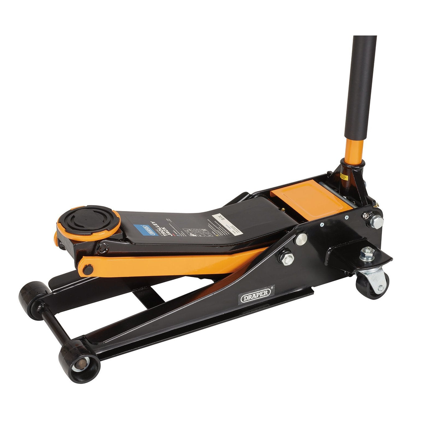 The Draper Trolley Jack, 3 Tonne, Orange - TJ3000O by Draper is a black and orange hydraulic floor jack featuring a padded lift saddle, user handle, and a capacity of 3 tonnes, designed for lifting vehicles.