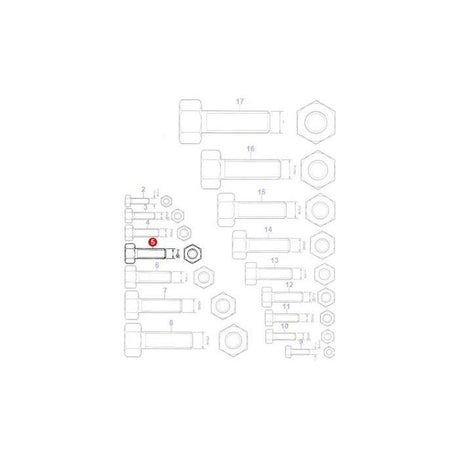 A diagram displaying various sizes of bolts and nuts, each labeled with corresponding numbers. Currently featured product: *STOCK CLEARANCE* - Massey Ferguson - Bolt 7/16 x 13/8 UNF - 353562X1 by JMCE.