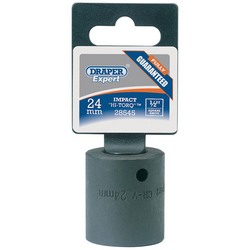 Image of a Draper Expert Hi-Torq® Impact Socket, 1/2" Sq. Dr., 24mm - 410MM, crafted from chrome vanadium steel with a black finish and corrosion protection. Features an attached packaging tag.