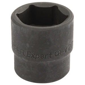 A black 27mm socket with the inscription "Draper Expert Hi-Torq® Impact Socket, 1/2" Sq. Dr., 27mm - 410MM" on its side, made of durable chrome vanadium steel.