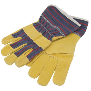 A pair of Draper Young Gardener Gloves, Size 6 - YG/GG with yellow leather palms, reinforced fingertips, and striped fabric cuffs.