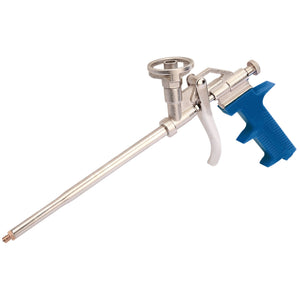 The Draper Expanding Foam Gun - EFG is a silver metal foam gun featuring a long nozzle, blue handle, and trigger mechanism, making it ideal for use with expanding foam.