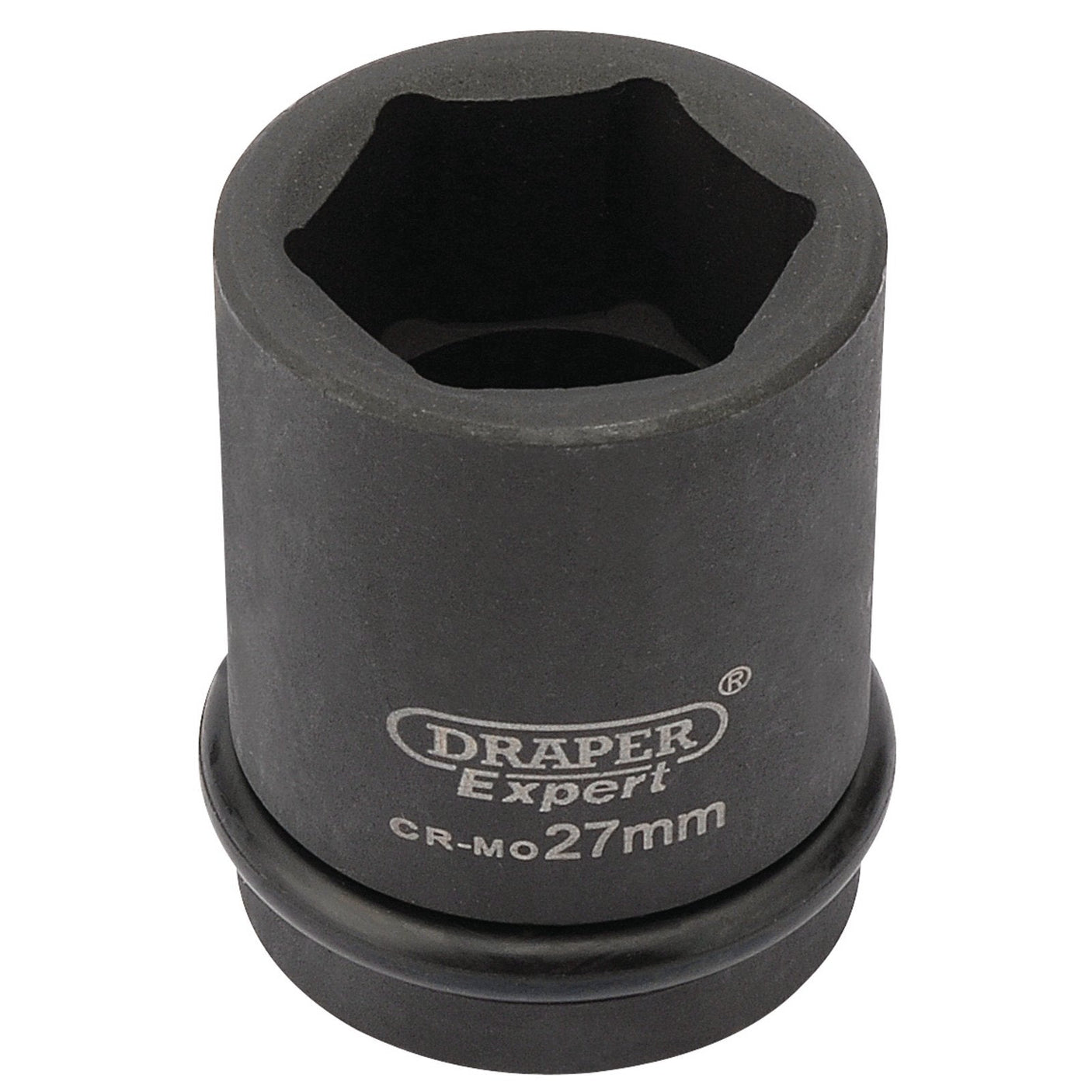 Close-up of a Draper Expert Hi-Torq® 6 Point Impact Socket, 3/4" Sq. Dr., 27mm - 419-MM, ideal for use with air wrenches. The black socket has "CR-MO 27mm" printed on it.