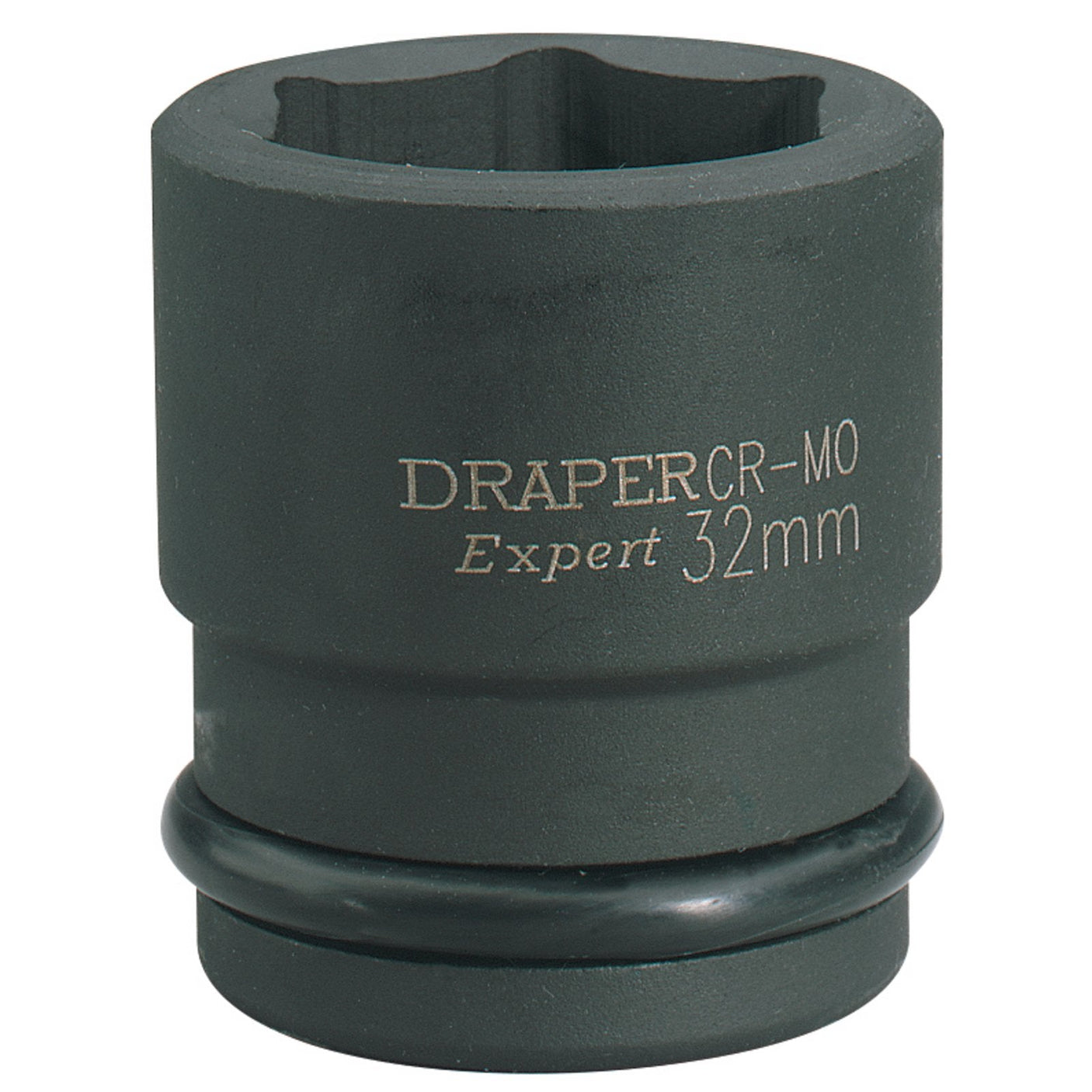 Close-up of a black Draper Expert Hi-Torq® 6 Point Impact Socket, 3/4" Sq. Dr., 32mm - 419-MM with a rubber ring at the base.