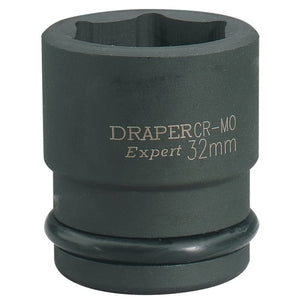 Close-up of a black Draper Expert Hi-Torq® 6 Point Impact Socket, 3/4" Sq. Dr., 32mm - 419-MM with a rubber ring at the base.