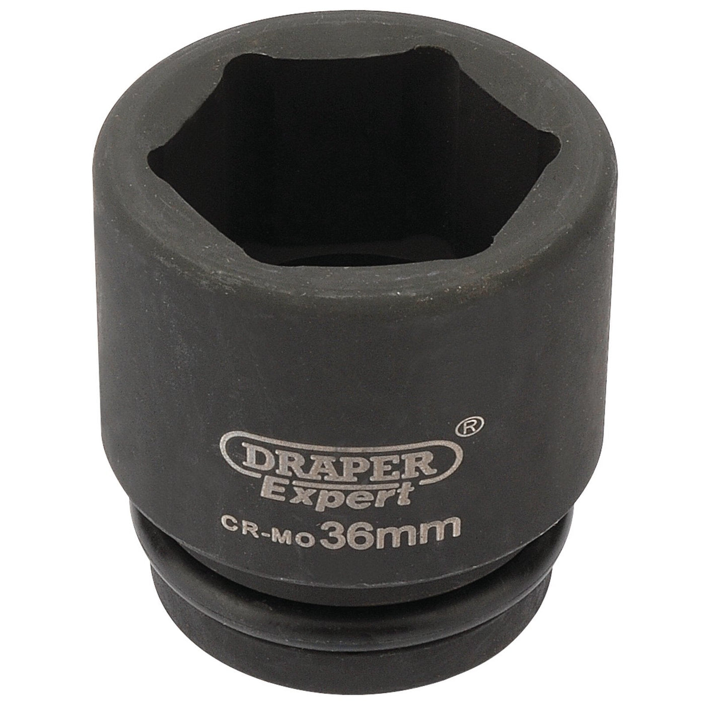 Close-up of a Draper Expert Hi-Torq® 6 Point Impact Socket, 3/4" Sq. Dr., 36mm - 419-MM, designed for automotive or mechanical use. Made from durable chrome molybdenum, it is black with a hexagonal opening and labeled with its brand and size details, perfect for use with air wrenches.