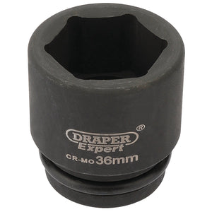 Close-up of a Draper Expert Hi-Torq® 6 Point Impact Socket, 3/4" Sq. Dr., 36mm - 419-MM, designed for automotive or mechanical use. Made from durable chrome molybdenum, it is black with a hexagonal opening and labeled with its brand and size details, perfect for use with air wrenches.