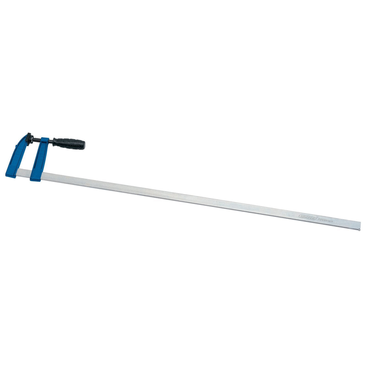 The Draper Quick Action Clamp, 1000mm X 120mm - 728F by Draper is a heavy-duty metal bar clamp featuring a blue adjustable head and handle, with malleable cast iron jaws.