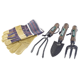 The Draper Young Gardener Tool Set (4 Piece) - YG4, which includes a pair of work gloves, a hand rake, a hand trowel, and a weeding fork, is displayed on a white background—perfect garden tools for the young gardener.