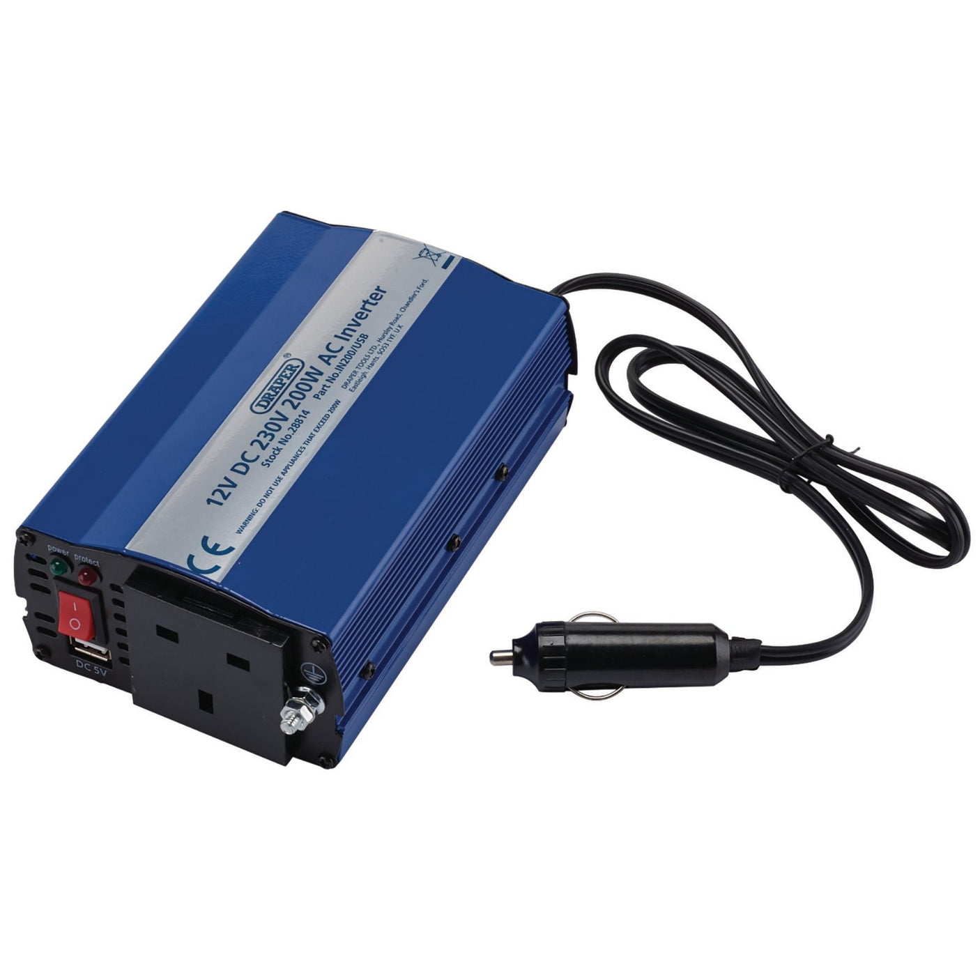 The Draper 12V DC to AC Inverter, 200W - IN200/USB, is a blue device featuring a black power cable and a cigarette lighter plug. It includes a USB port for charging and is equipped with an overload alarm and reverse polarity protection.