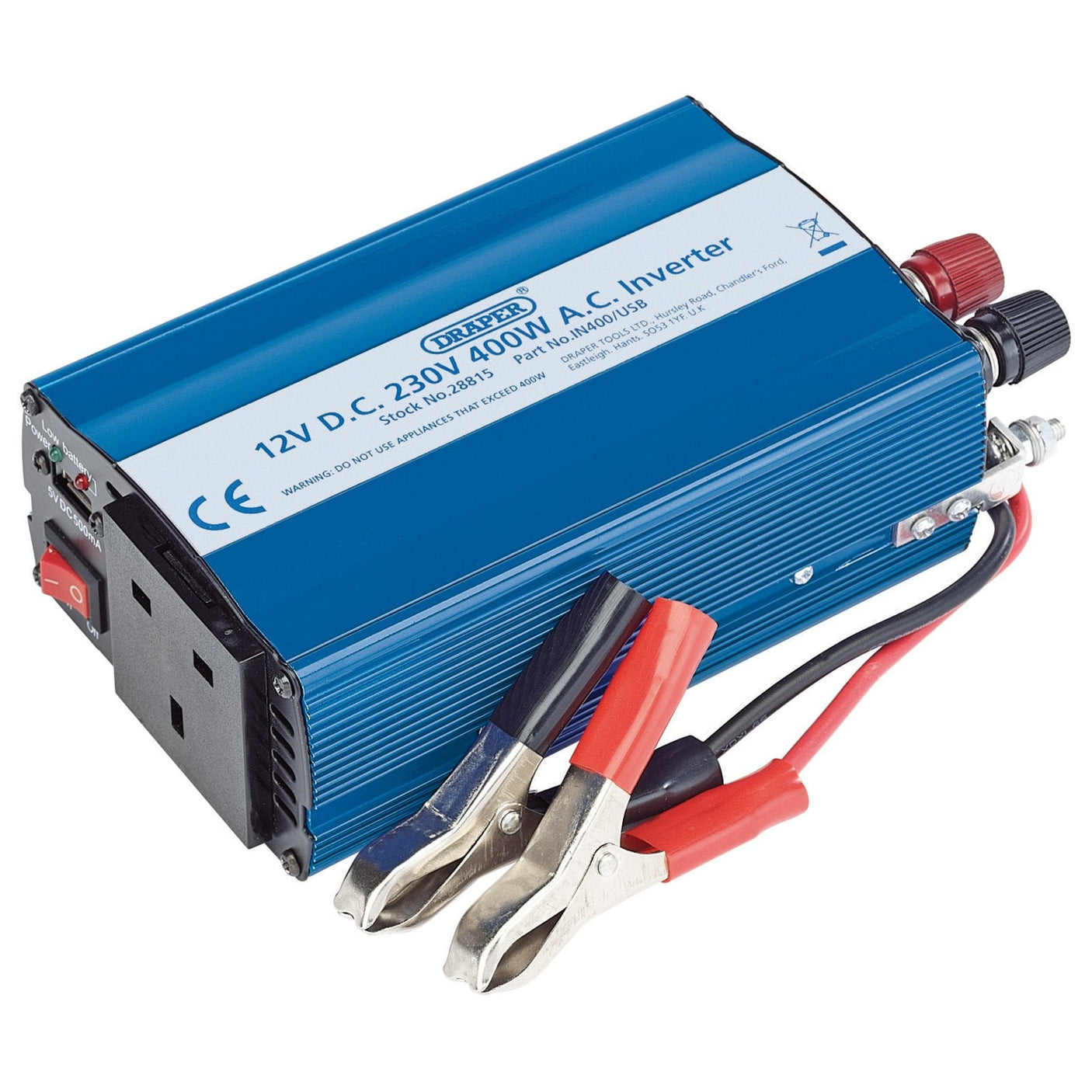 Image of a blue Draper 12V DC to 230V AC Inverter (Model IN400/USB) with a power rating of 400W. It features a pair of red and black alligator clips, a USB port for charging, and includes overload alarm and reverse polarity protection.
