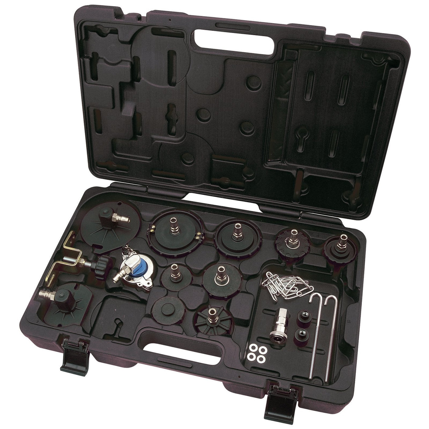 A black plastic tool case is open, revealing various circular and cylindrical metal automotive tools and components securely arranged in molded slots, including the Draper Brake Bleeder Adaptor Kit - BBAK.