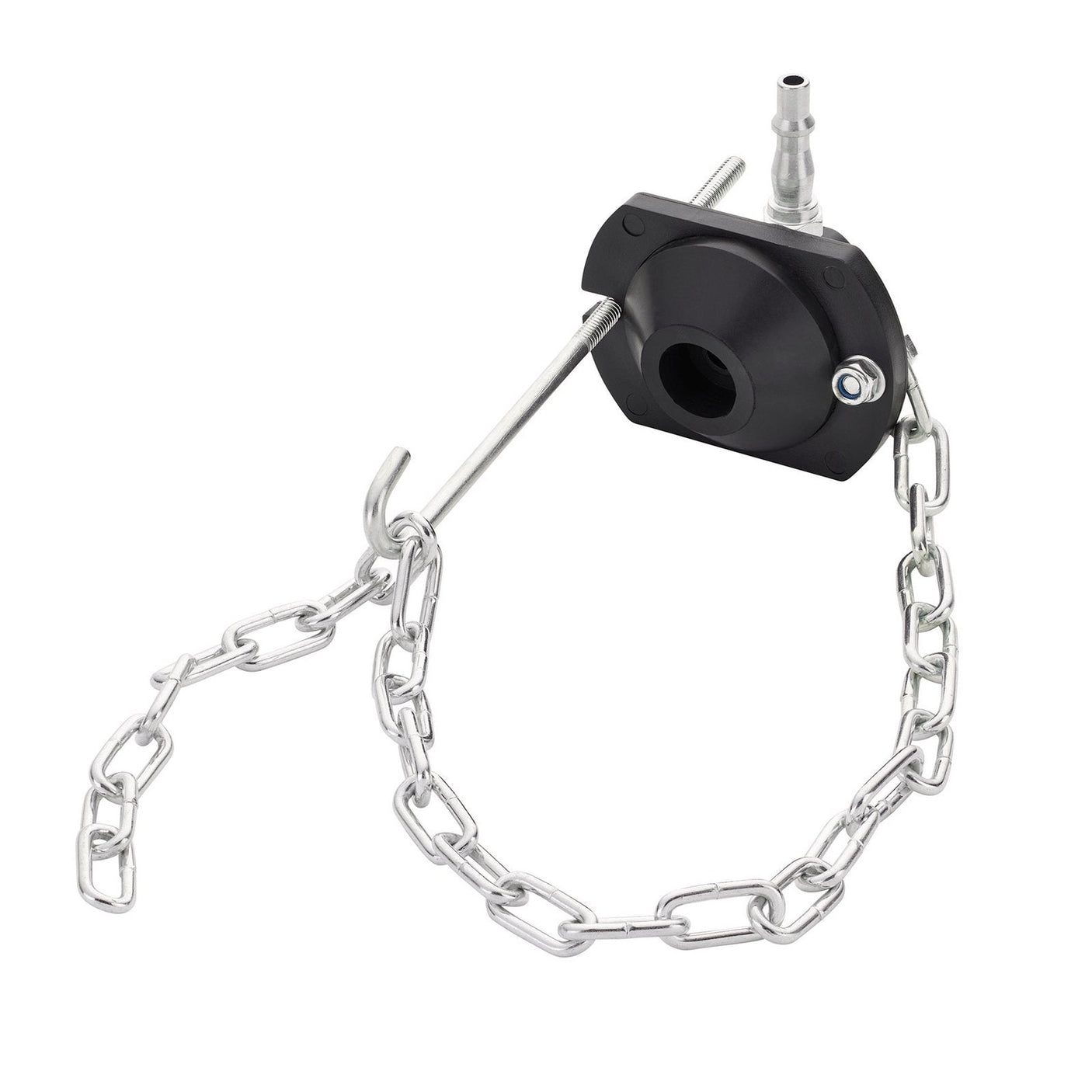 The Draper Universal Brake Cap Adaptor - UBCA is a black plastic cleaning tool equipped with a metal chain and hook attachment, specifically designed for inserting and securing into fuel tank openings, akin to the accessories typically used in brake-fluid reservoirs.