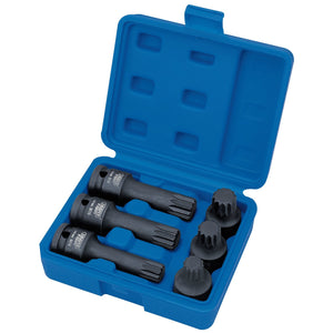 The Draper Impact Spline Bit Set, 1/2" Sq. Dr. (6 Piece) - ISS6 includes six black spline bit sockets, crafted from durable chrome molybdenum steel, all neatly arranged in a custom blue plastic case.