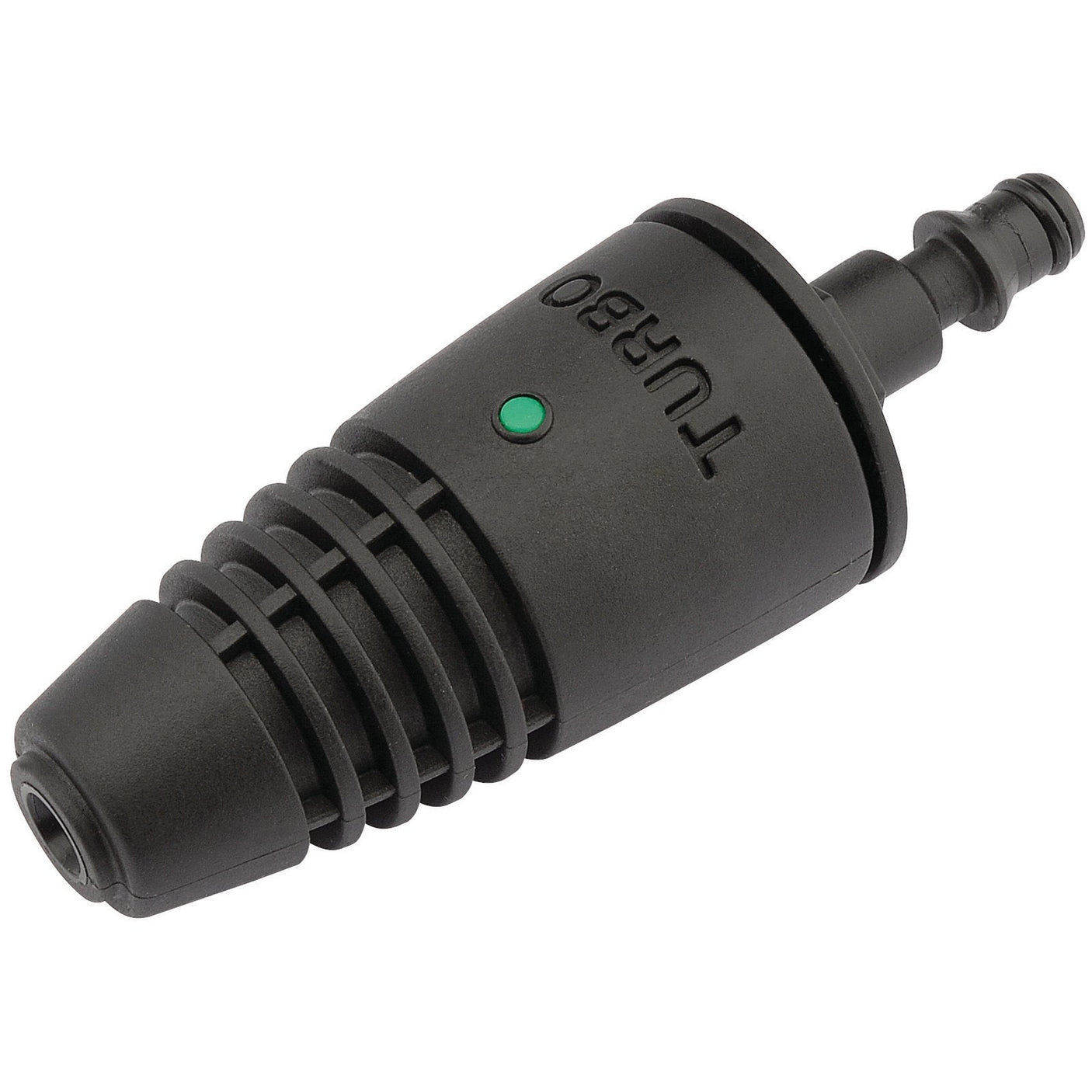 Close-up of the Draper Turbo Nozzle Head - APW133, featuring a black design with a "TURBO" label and a green dot indicator, designed for attachment to pressure washer hoses.