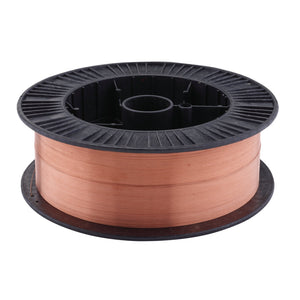 The Draper Mild Steel Mig Welding Wire, 0.6mm, 15Kg - WMIGMS0615, featuring a black plastic reel and neatly coiled copper-coated mild steel wire, is ideal for MIG welders and welding mild and medium tensile steels.