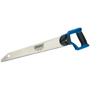 Image of a Draper General Purpose Hardpoint Handsaw, 345mm with 7Tpi, featuring precision sharpened teeth, a pointed blade, and a sturdy black and blue plastic handle. The six-position handle ensures versatility for various cutting angles.