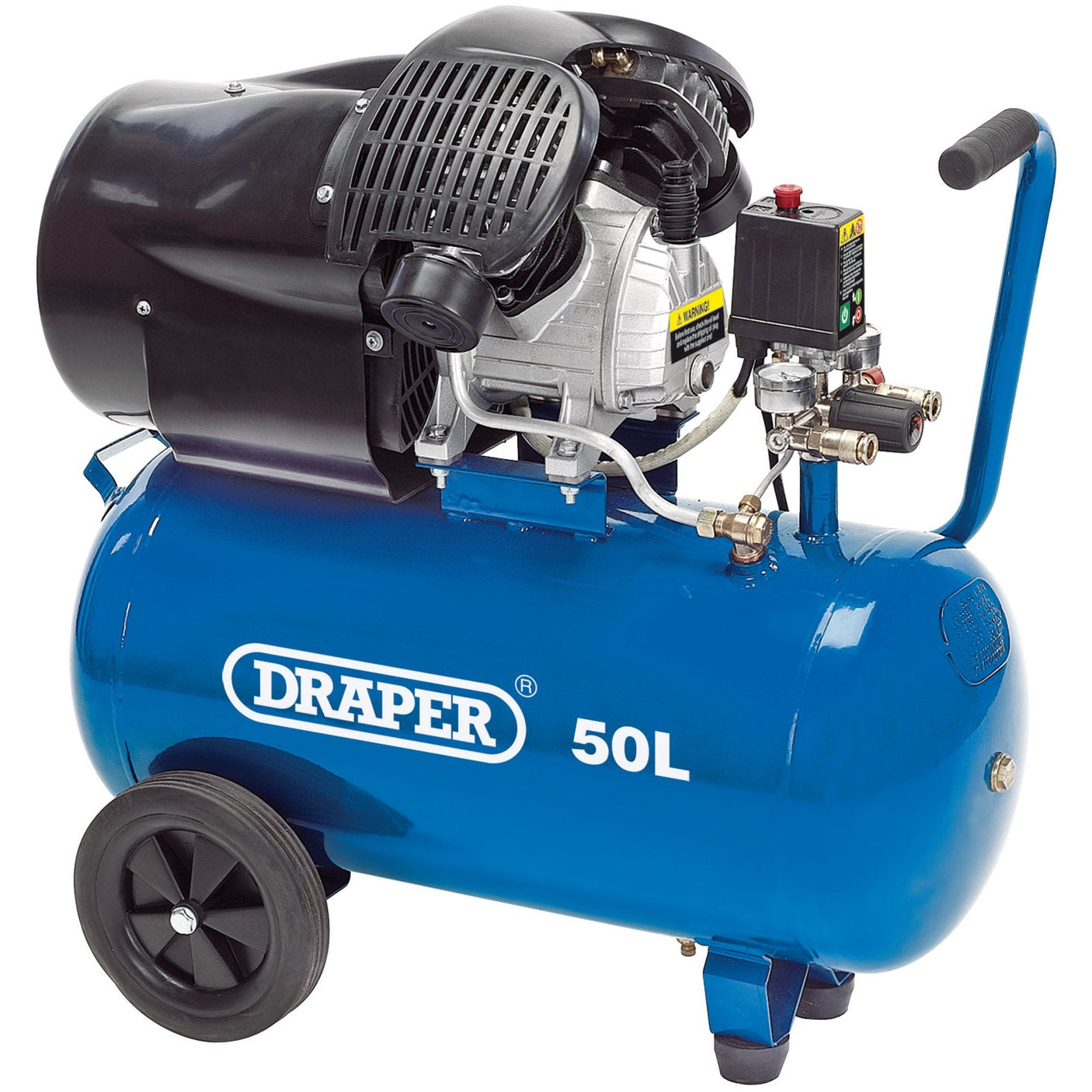 The Draper 50L Direct Drive V-Twin Air Compressor, 2.2Kw/3Hp - DA50/412TV by Draper, features a cast iron pump, a black motor with thermal protection, two wheels along with a handle for easy mobility, and various gauges and control knobs—a perfect addition to any workshop.