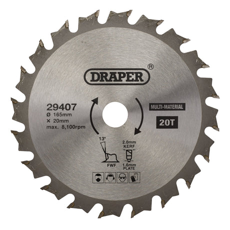 Draper Tct Multi-Purpose Circular Saw Blade, 165 X 20mm, 20T - SBM2 - Farming Parts